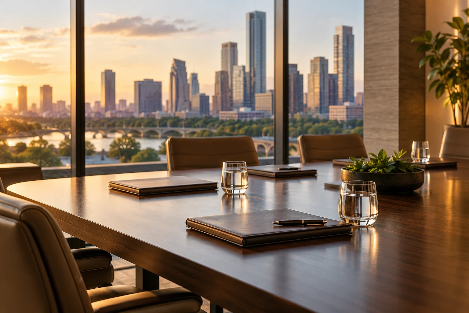 AI-created editorial illustration: A quiet executive meeting table with closed leather notebooks, clear water glasses and a cityscape softly blurred beyond the windows, understated premium business photography.