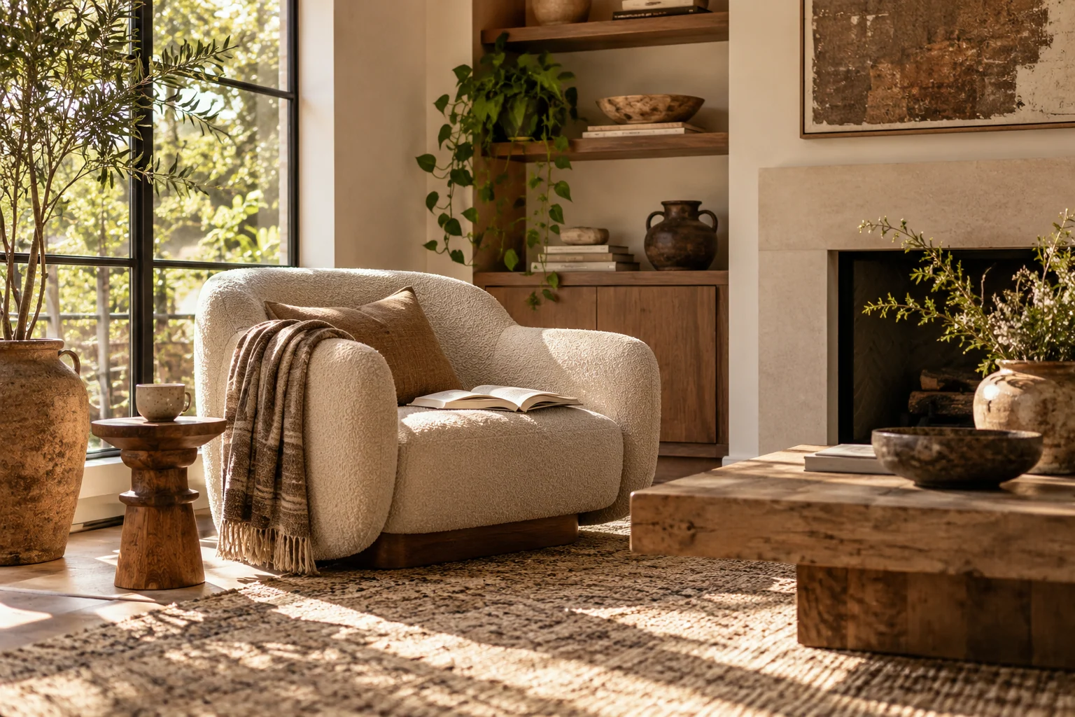 AI-created editorial illustration: A small sunlit living room with a sculptural secondhand armchair and an open book, relaxed and lived-in.
